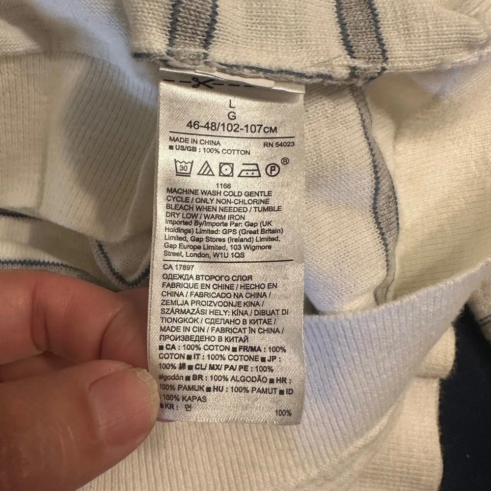 Banana Republic Mens White Grey Striped Cotton Slub Crewneck Sweater Large L